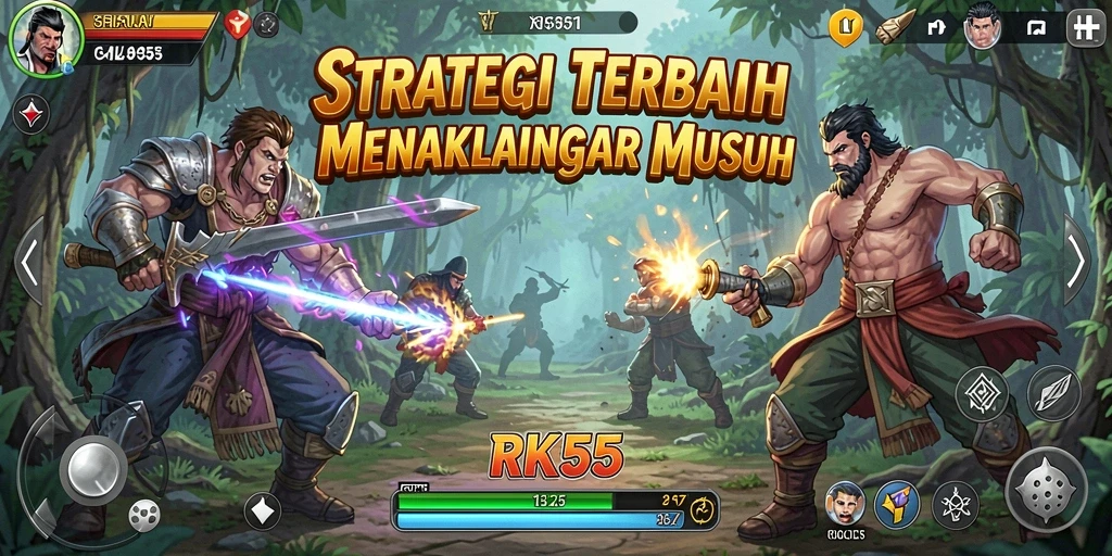 Tampilan gameplay RK55 menunjukkan pertarungan strategis yang intens.