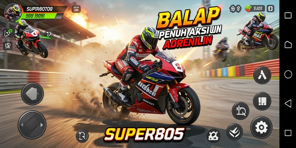 Gameplay SUPER805 yang mendebarkan dan penuh aksi balapan motor.