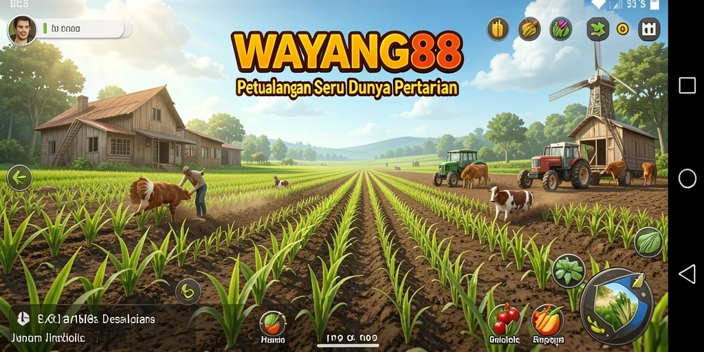 Tangkapan layar utama WAYANG88 menampilkan ladang pertanian yang subur dan hewan ternak.